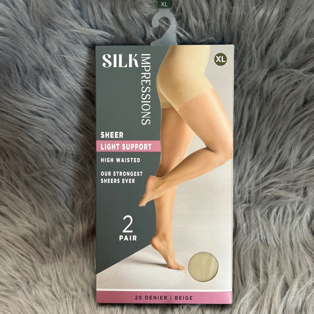Silk Impressions Sheer Light Support Tights Womens Size XL‎ Beige High Waisted